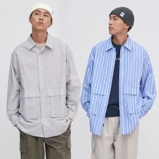 【plain-me】男女款 OVERSIZE條紋口袋襯衫 PLN3352-242(藍 灰 長袖 寬鬆 休閒上衣 襯衫)