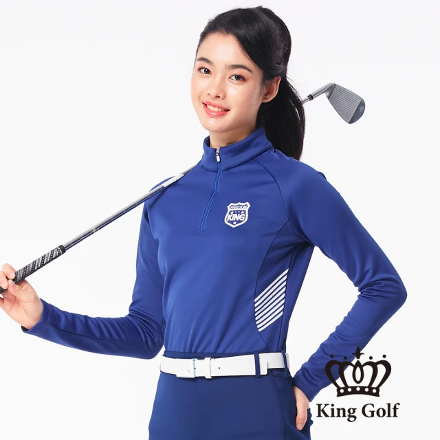 KING GOLF 網路限定款-女款素面拼接條紋厚款搖粒刷毛立領拉鍊長袖POLO衫(藍色)