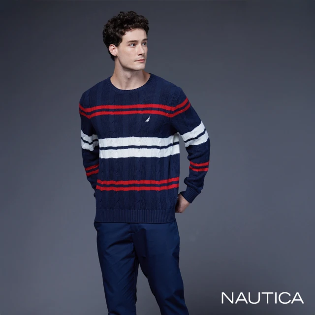 NAUTICA 男裝 跳色條紋純棉長袖針織衫(藍色)