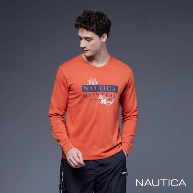 NAUTICA 男裝 品牌海洋貝類印花長袖T恤(橘色)