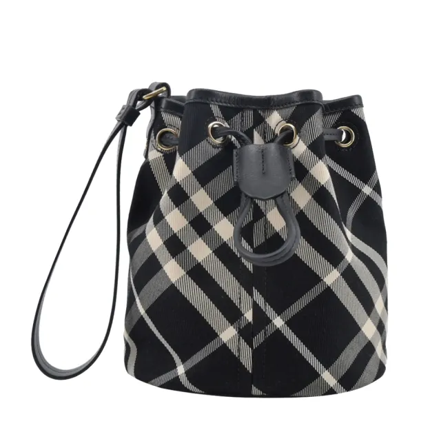【BURBERRY 巴寶莉】新款經典格紋抽繩束口手拿包(黑色/白布色)