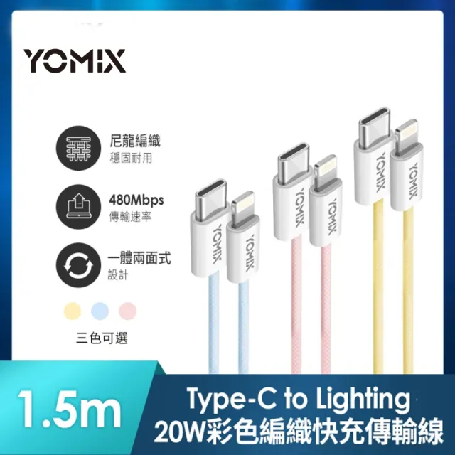 C to L 20W彩色編織線組【YOMIX 優迷】33W GaN氮化鎵雙孔快充折疊充電器