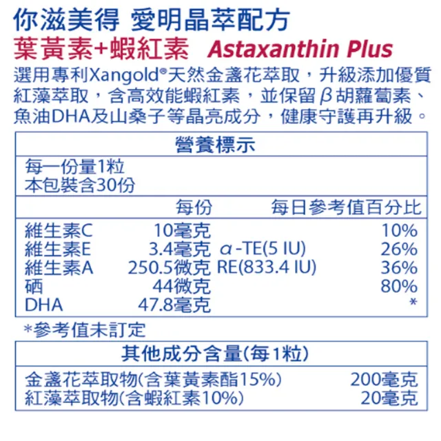 【Nutrimate 你滋美得】雙11限定 愛明晶萃 葉黃素+蝦紅素雙效配方6入組(共180顆、酯化型、金盞花、維生素A)