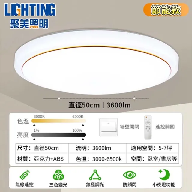 【聚美照明】50cm3600lm5-7坪圓形吸頂燈(三色無極調光附遙控/現代簡約led圓形臥室吸頂燈/BSMI認證:R3E558)