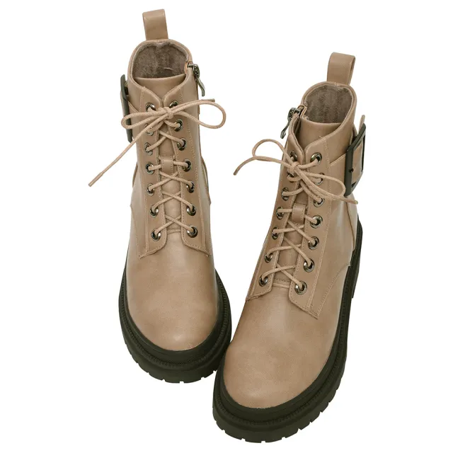 【Ann’S】打造漫畫腿-7孔綁帶大方釦輕量厚底軍靴5cm(杏)