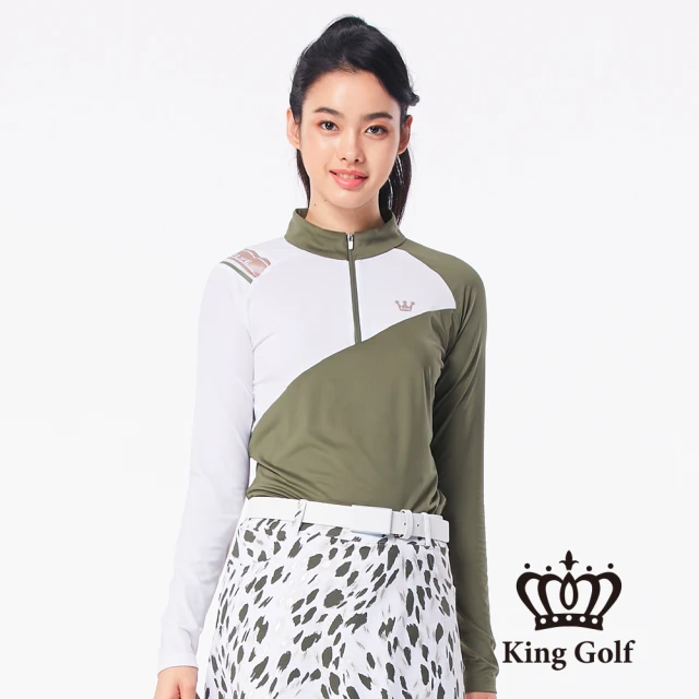 KING GOLF 網路限定款-女款不規則下擺異色拼接立領拉鍊長袖POLO衫(綠色)