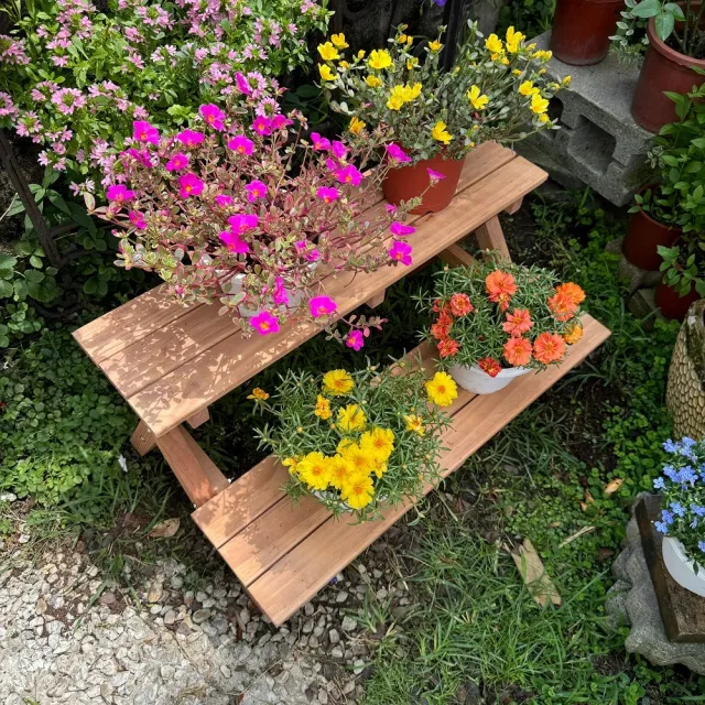 【沃克嚴選】原木雙層花架-柚木色 75x40x40cm 1入
