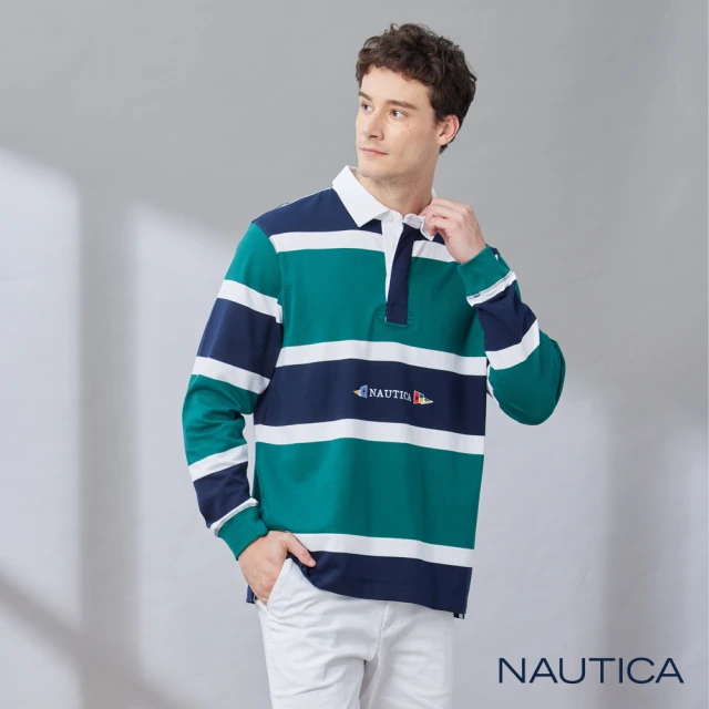 NAUTICA 男裝 美式跳色條紋長袖POLO衫(藍色)