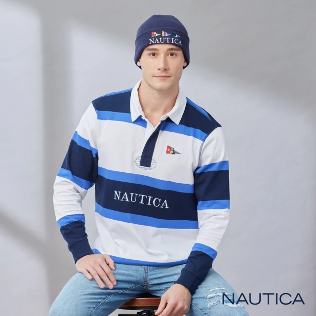 NAUTICA 男裝 美式跳色條紋長袖POLO衫(藍白色)