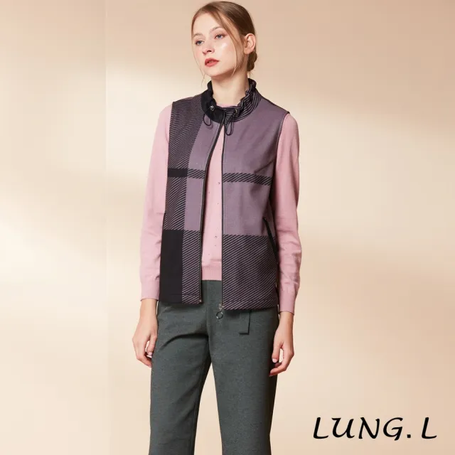 【LUNG.L 林佳樺】LQ27D紫色大格紋領抽褶保暖女裝背心(秋冬新品 加大尺碼)