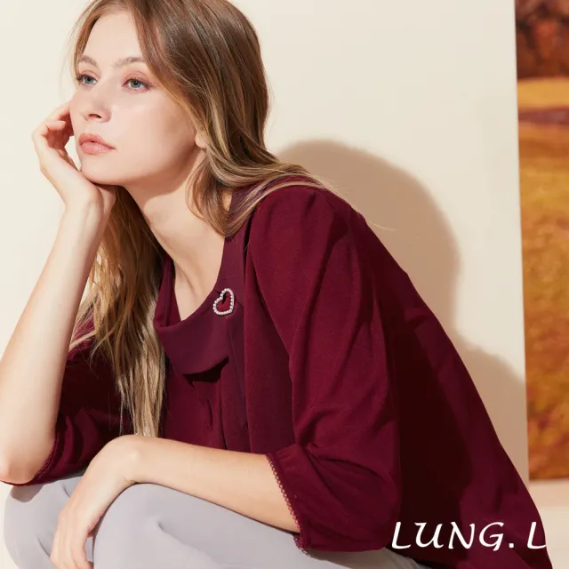 【LUNG.L 林佳樺】LR36A酒紅色造型領彈性七分袖女裝上衣(秋冬新品 加大尺碼)