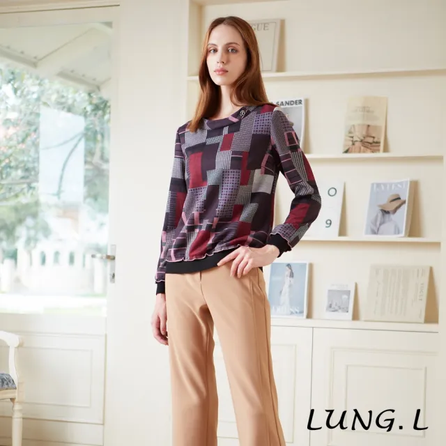 【LUNG.L 林佳樺】LQ43A紫色大小格紋圖案長袖女裝上衣(秋冬新品 加大尺碼)