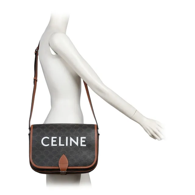 【CELINE】Folco 標誌印花帆布及小牛皮翻蓋郵差包/斜背包(棕褐色)