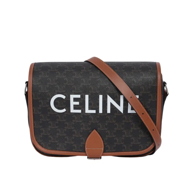 【CELINE】Folco 標誌印花帆布及小牛皮翻蓋郵差包/斜背包(棕褐色)