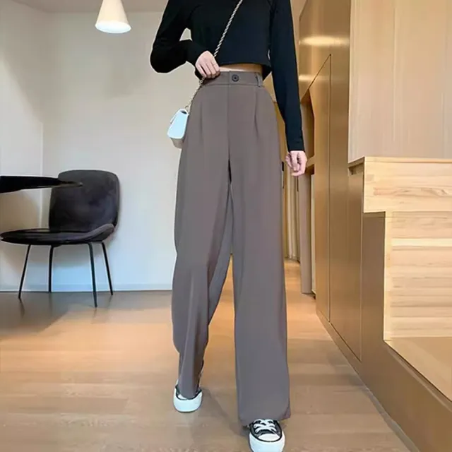 【D.studio】韓版高腰寬鬆顯瘦西裝褲(寬褲 褲子 長褲 休閒褲 女裝 高腰褲 拖地褲 直筒褲 黑褲 P130)
