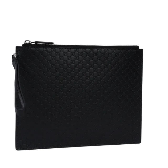 【GUCCI 古馳】Guccissima GG Logo 壓紋皮革附提把手拿包(黑色)