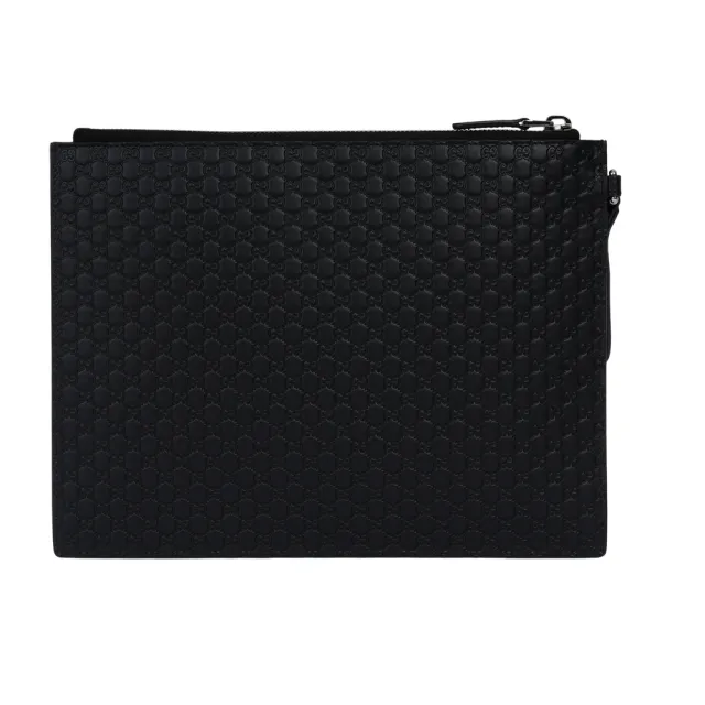 【GUCCI 古馳】Guccissima GG Logo 壓紋皮革附提把手拿包(黑色)