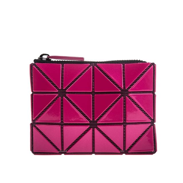 【ISSEY MIYAKE 三宅一生】BAOBAO 新色亮面三角格拉鍊收納零錢包(桃紅)