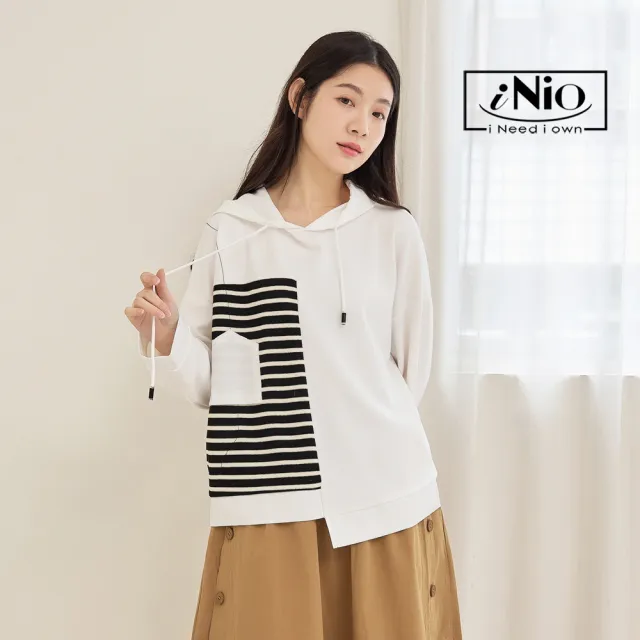 【iNio 衣著美學】長袖上衣 現貨 橫紋拼接 長袖帽T CDW1730