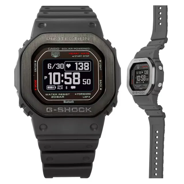 【CASIO 卡西歐】G-SHOCK G-SQUAD 太陽能智慧藍芽 心率監測 金屬框多功能方形運動錶-灰(DW-H5600MB-8)