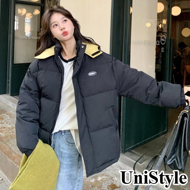 UniStyle 長袖連帽外套 韓系撞色貼標輕暖夾棉麵包服夾克 女 ZM125-9521(藏青)