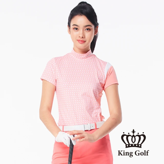 KING GOLF 網路限定款-滿版印花拼接袖口立領短袖上衣(粉色)