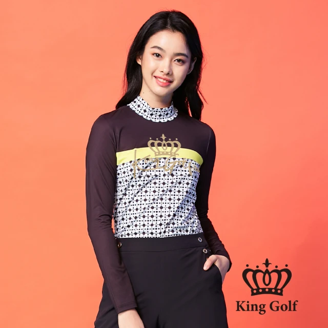 KING GOLF 網路限定款-幾何點點撞色印花薄款立領長袖上衣(白底黑點)