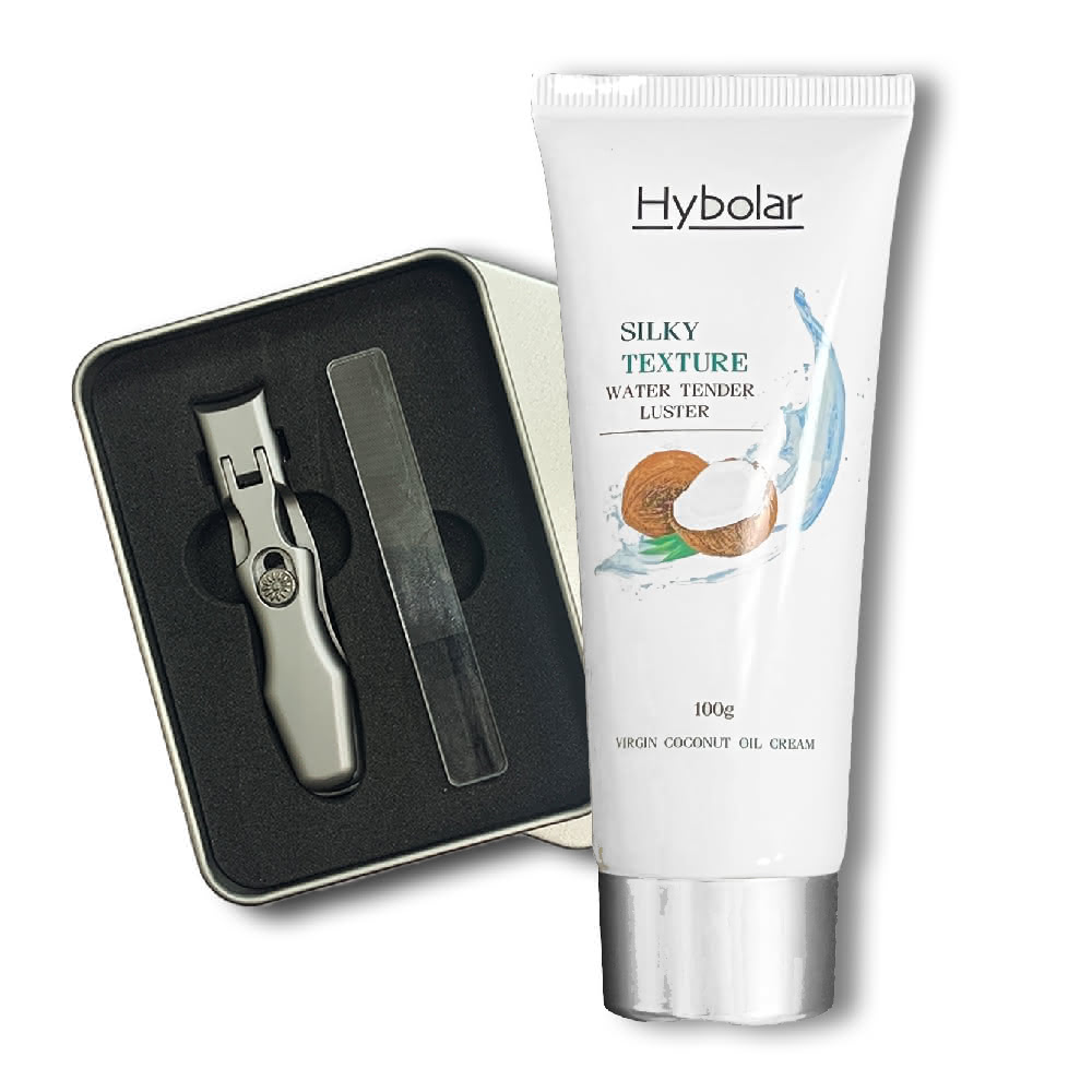 【Hybolar】初榨椰油乳霜100g+德國工藝卡榫防飛濺大開口指甲剪(禮盒兩色隨機灰指甲磨甲銼保濕滋潤肌膚)