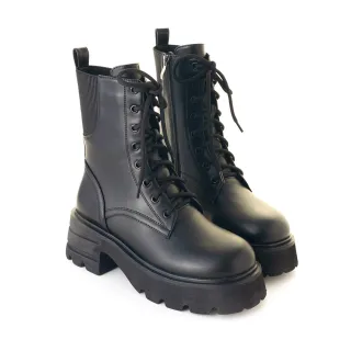 【amai】率性綁帶異材質拼接輕量厚底中筒靴 中筒靴 厚底靴 切爾西靴 英倫風 大尺碼 GB916BK(黑色)