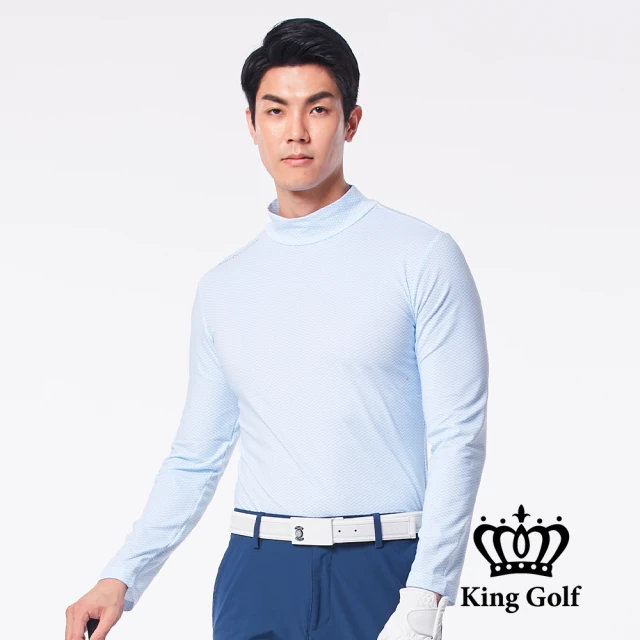 KING GOLF 網路限定款-男款鋸齒波浪印花刷毛款長袖內搭高領衫(淺藍)