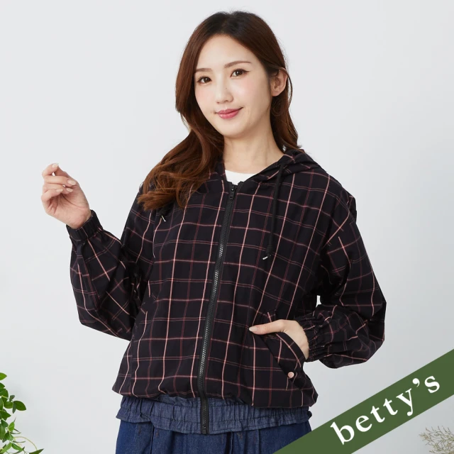 betty’s 貝蒂思 方格拼接牛仔下擺抽皺連帽薄外套(黑色)