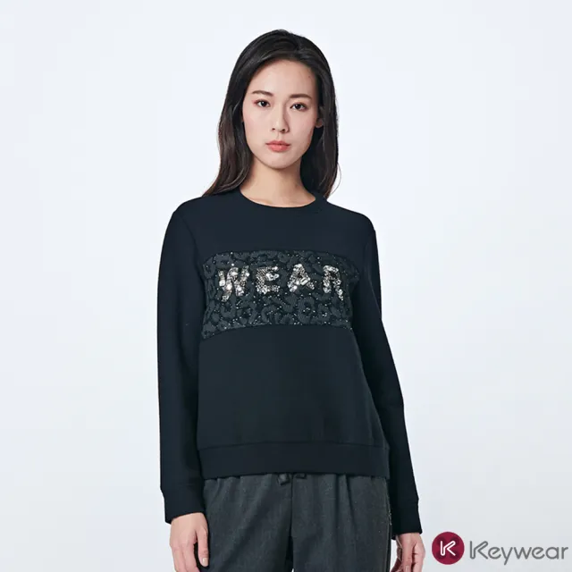 【KeyWear 奇威名品】拼接亮片刺繡長袖上衣