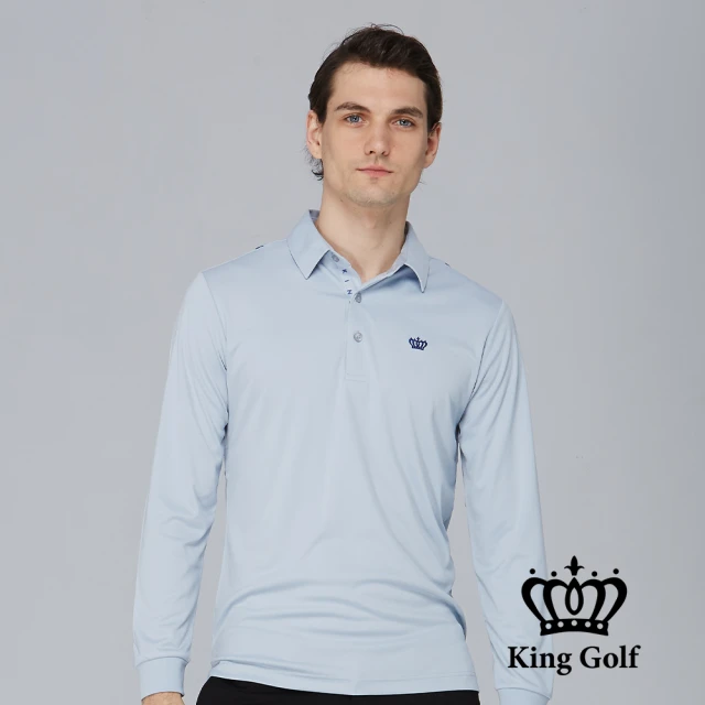 KING GOLF 網路限定款-男款素面薄款LOGO燙印長袖POLO衫(灰色)