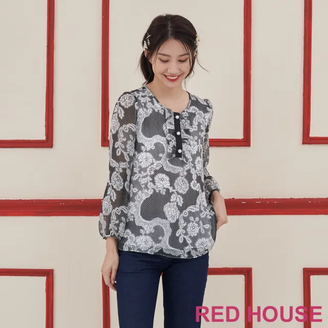 【RED HOUSE 蕾赫斯】波西米亞風花朵雪紡上衣(黑色)