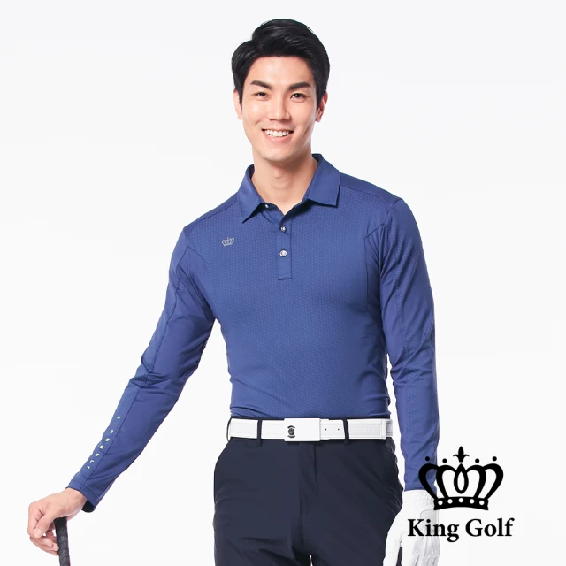 KING GOLF 網路限定款-男款蜂巢滿版印花拼接撞色薄款長袖POLO衫(藍色)