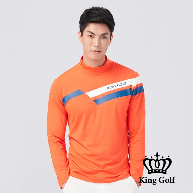 KING GOLF 網路限定款-男款胸前斜條紋印花中厚款長袖高領衫(橘紅)