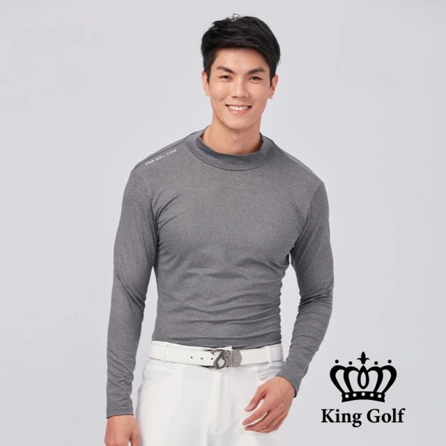 KING GOLF 網路限定款-男款膠標LOGO素面刷毛款長袖內搭高領衫(黑灰)