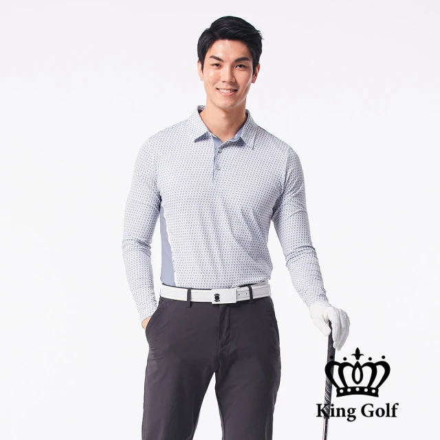 KING GOLF 網路限定款-男款K字滿版印圖腰間撞色長袖POLO衫(深灰)