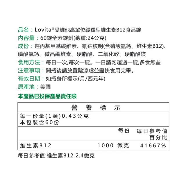 【Lovita 愛維他】高單位緩釋型維生素B12 1000mcg 3入組(共180顆)_1111campaign