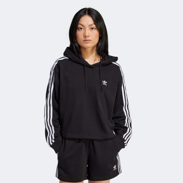 adidas 愛迪達 3S SHORT HOODIE 黑 上衣 女款 長袖上衣 帽T 運動 三葉草 亞規(IU2424)