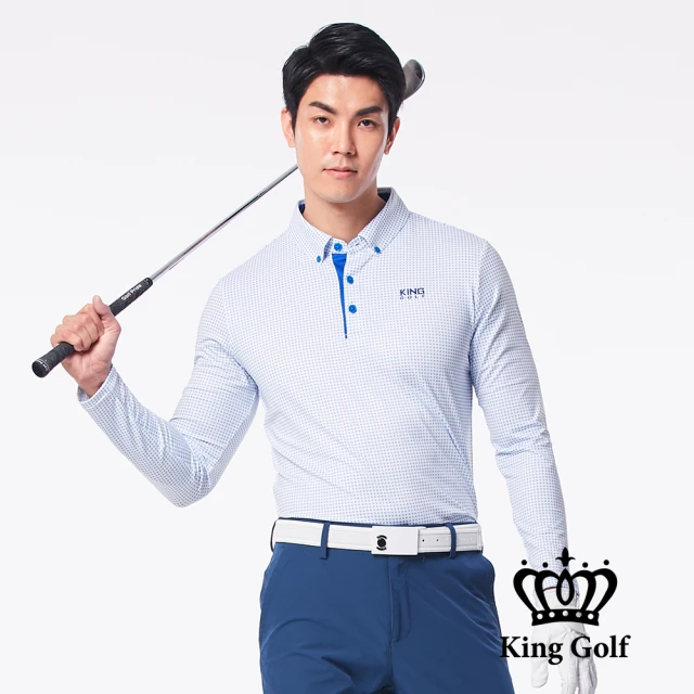 KING GOLF 網路限定款-男款點點滿版印花LOGO印花薄款長袖POLO衫(藍色)