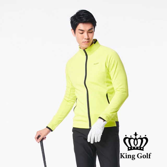 KING GOLF 網路限定款-男款LOGO印圖防風防水拉鍊撞色中厚款長袖夾克外套(黃綠)