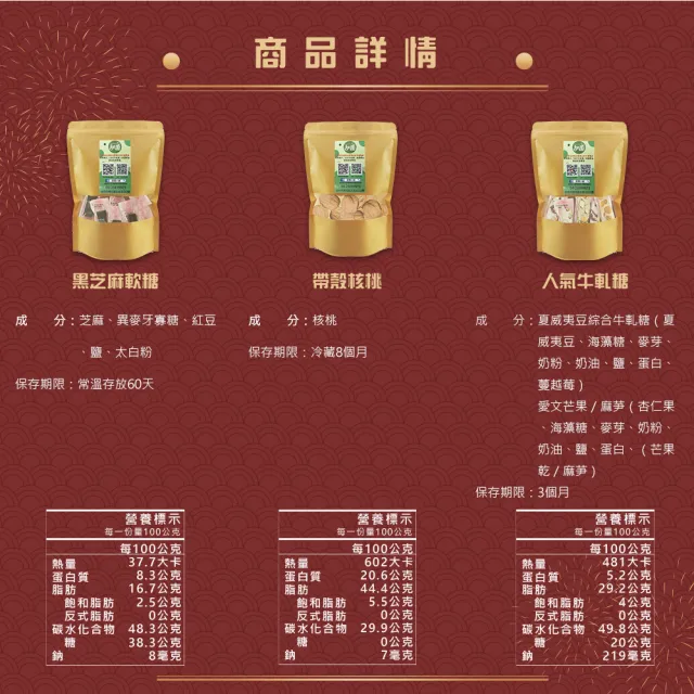 【甜園】年節禮盒D款x3盒 黑芝麻軟糖+帶殼核桃+人氣牛軋糖(過年零嘴 牛軋糖 堅果 核桃 伴手 年節送禮 自用)