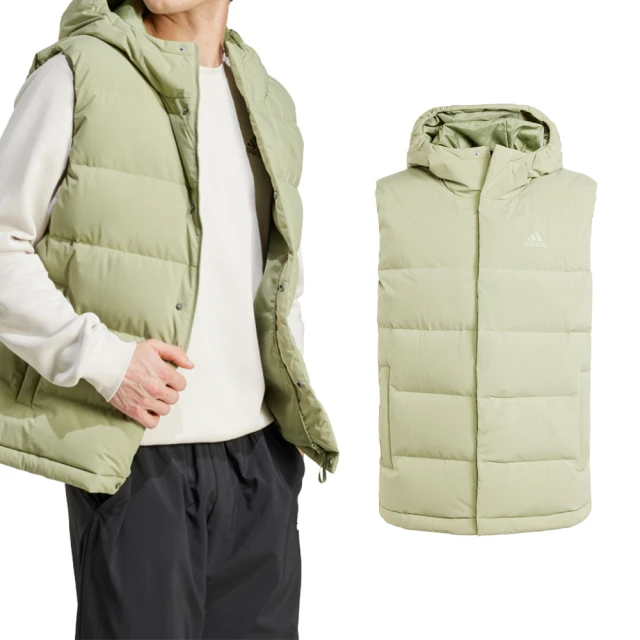 adidas 愛迪達 Helionic Vest 男款 卡其色 休閒 保暖 拉鍊 口袋 輕盈 連帽 羽絨 背心 IX8856