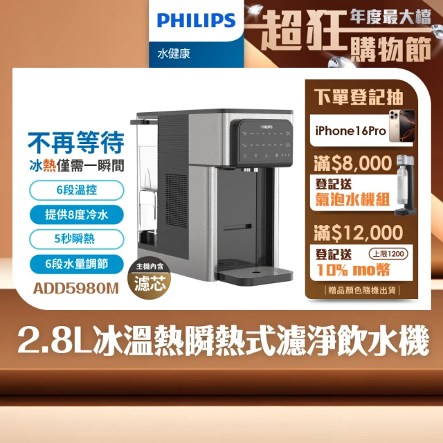 【Philips 飛利浦】2.8L冰溫熱瞬熱式濾淨飲水機ADD5980M(主機內含濾芯)