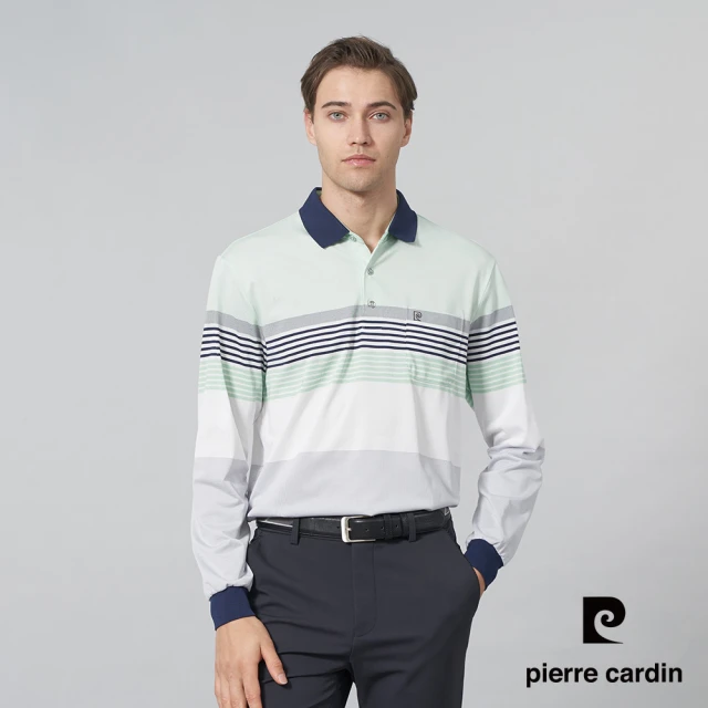 pierre cardin 皮爾卡登 商務休閒 男款 吸濕排汗定位橫條長袖POLO衫-淺綠色(5245254-42)