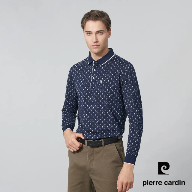 pierre cardin 皮爾卡登 商務休閒 男款 網眼鶴圖案印花長袖POLO衫-深藍色(5245263-38)