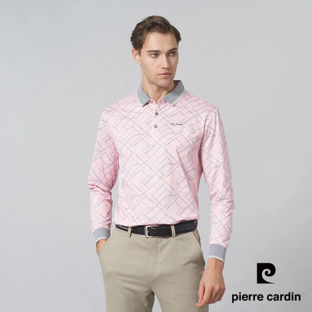 pierre cardin 皮爾卡登 商務休閒 男款 方格印花長袖POLO衫-粉色(5245267-75)