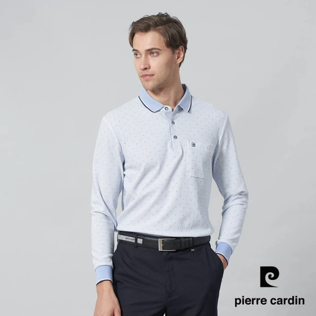 pierre cardin 皮爾卡登 商務休閒 男款 網眼點點印花長袖POLO衫-藍色(5245255-35)