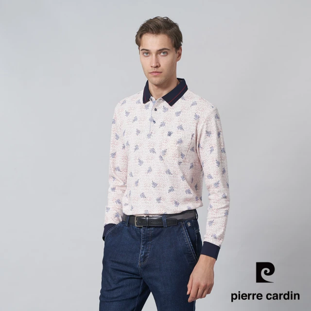 pierre cardin 皮爾卡登 商務休閒 男款 網眼葉片印花長袖POLO衫-紅色(5245259-78)